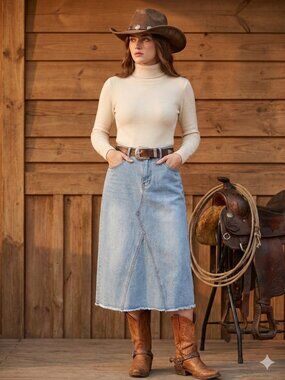 Velvet Heart Raw Hem Denim Midi Skirt Light Wash Boho Western Coastal Cowgirl
